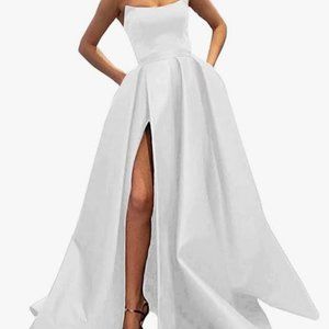 Wedding or Prom, A Line Satin Ball Gown with Slit for Women